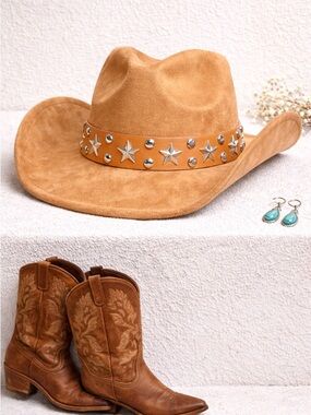 Western Star Studded Suede Cowboy Hat - Tan
